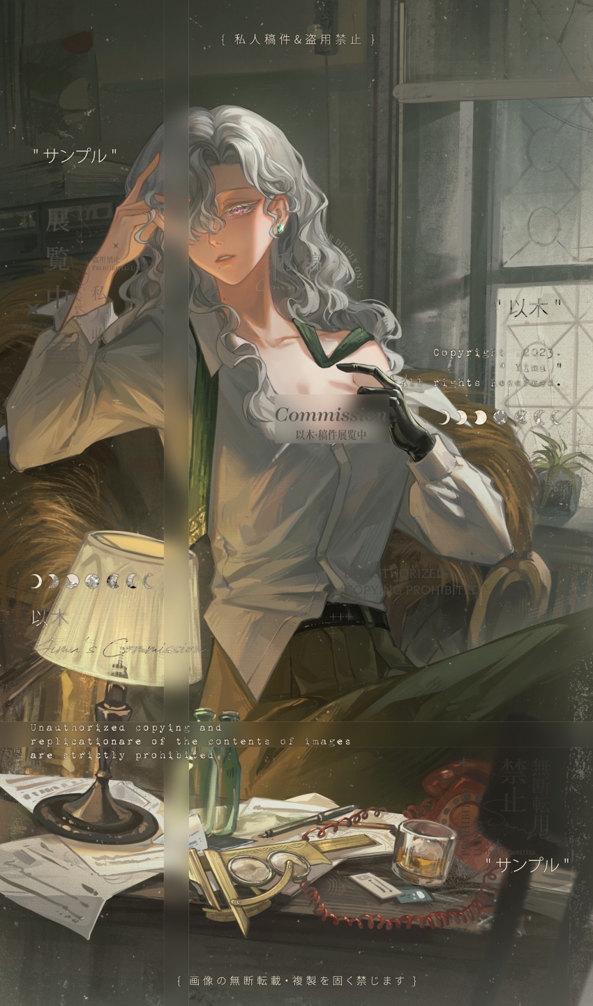 1girl absurdres adjusting_hair antique_phone belt black_belt black_gloves bottle clothes_pull collared_shirt commission corded_phone cowboy_shot cup curly_hair desk_lamp drinking_glass earrings gloves green_necktie green_pants hair_over_one_eye hand_up highres indoors jewelry lamp long_hair looking_at_viewer mole mole_under_mouth necktie one_eye_covered pants paper parted_lips pen phone pulling_own_clothes purple_eyes reverse:1999 rotary_phone ruler shirt shirt_pull single_glove single_off_shoulder sitting solo stud_earrings undone_necktie watermark white_hair white_shirt windsong_(reverse:1999) xiaoji_chuangzao