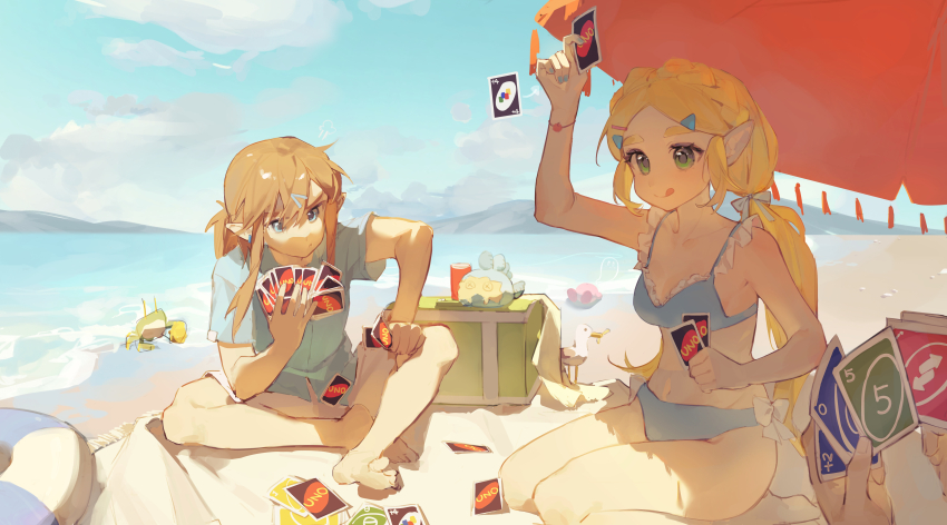 1boy 1girl 1other :q absurdres arm_up barefoot beach beach_umbrella bikini bird blonde_hair blue_bikini blue_eyes blue_shirt blue_sky bow bow_bikini braid cameo card commentary_request crab crown_braid frilled_bikini frills green_eyes hair_bow hair_ornament hairclip highres indian_style innertube kirby kirby_(series) link long_hair looking_at_another mountainous_horizon nintendo ocean out_of_frame playing_card pointy_ears ponytail princess_zelda red_umbrella sand_seal_(zelda) seiza shirt short_hair short_ponytail shorts sitting sky stuffed_animal stuffed_toy swim_ring swimsuit the_legend_of_zelda the_legend_of_zelda:_breath_of_the_wild thick_eyebrows tongue tongue_out umbrella uno_(game) uno_reverse_card white_shorts yumiyumo3o