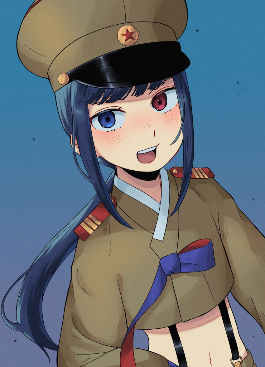 blue_eyes blue_hair gradient_background hat heterochromia highres jeogori_(clothes) korean_clothes kuroussa long_hair midriff military_hat military_uniform navel north_korea north_korea_(kuroussa) original personification ponytail red_eyes suspenders upper_body