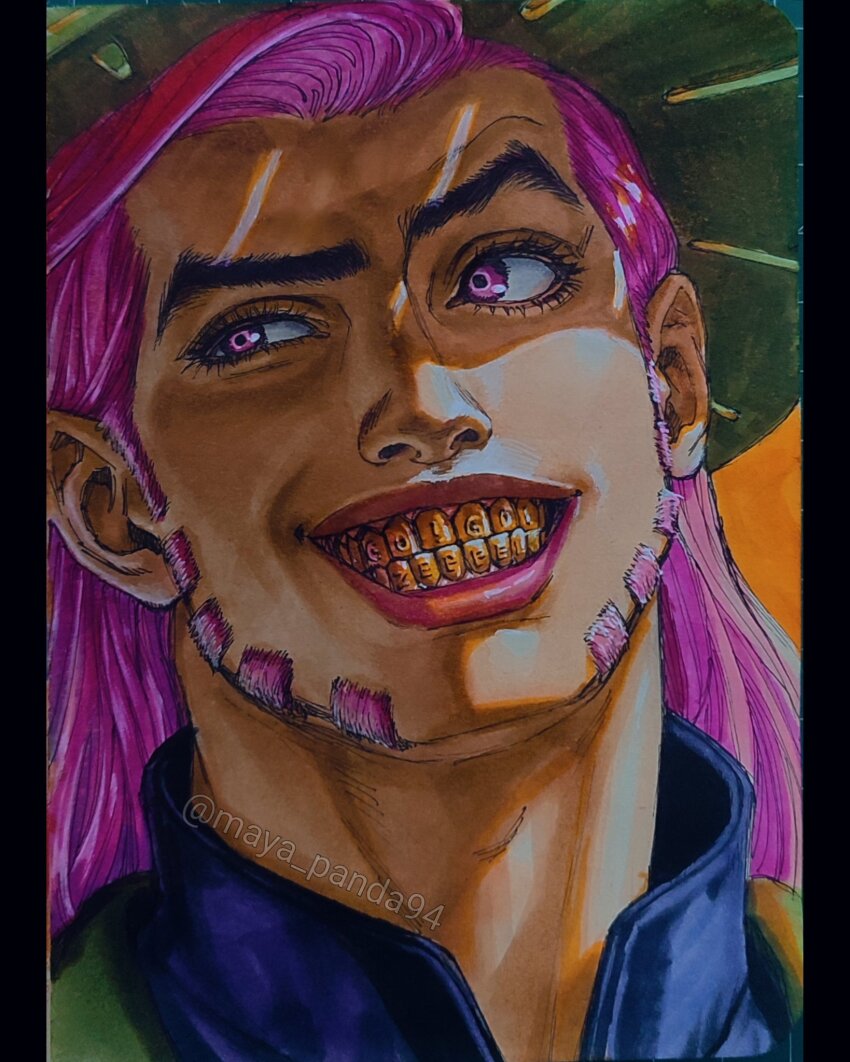 1boy blue_shirt colored_teeth cowboy_hat gold_teeth green_hat grin gyro_zeppeli hat high_collar highres jojo_no_kimyou_na_bouken long_hair looking_to_the_side maya_panda orange_background orange_teeth pink_eyes pink_hair pink_lips portrait shirt smile steel_ball_run traditional_media upper_body