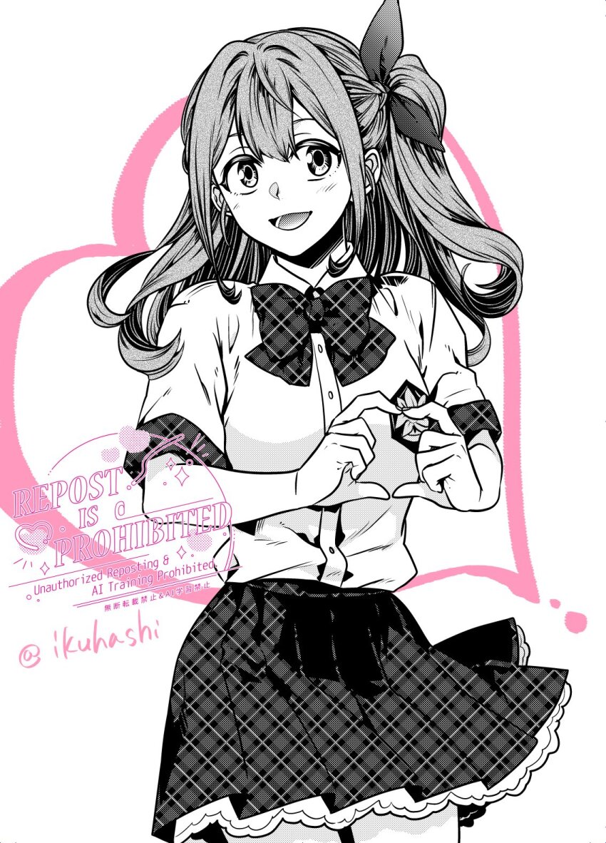 1girl :d bad_link blush bow bowtie breasts chaos;head chaos;head_love_chu_chu! collared_shirt cowboy_shot greyscale hair_between_eyes hair_bow hair_ribbon heart heart_hands highres ikuhashi_muiko long_hair looking_at_viewer lower_teeth_only medium_breasts monochrome one_side_up open_mouth plaid_bow plaid_bowtie plaid_clothes plaid_skirt plaid_sleeves pleated_skirt ribbon sakihata_rimi school_emblem school_uniform shirt short_sleeves side_ponytail simple_background skirt smile solo standing suimei_academy suimei_school_uniform suimei_summer_uniform teeth thick_thighs thighs tongue white_background white_petticoat