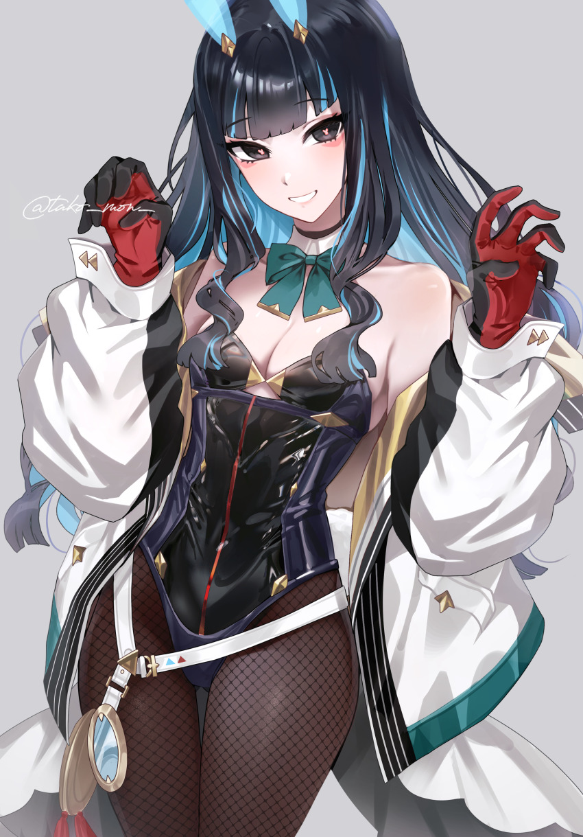 1girl absurdres animal_ears bare_shoulders belt black_gloves black_hair black_leotard blue_hair bow bowtie breasts brown_pantyhose colored_inner_hair detached_collar eyeliner fake_animal_ears fate/grand_order fate_(series) fishnet_pantyhose fishnets gloves grey_eyes grin highleg highleg_leotard highres jacket leotard long_hair long_sleeves looking_at_viewer makeup multicolored_hair multicolored_jacket muneomon_(takomon) off_shoulder pantyhose playboy_bunny rabbit_ears red_gloves sidelocks small_breasts smile solo tenochtitlan_(fate) tenochtitlan_(swimsuit_mooncancer)_(fate) tenochtitlan_(swimsuit_mooncancer)_(third_ascension)_(fate) thighs two-tone_jacket white_jacket yellow_jacket