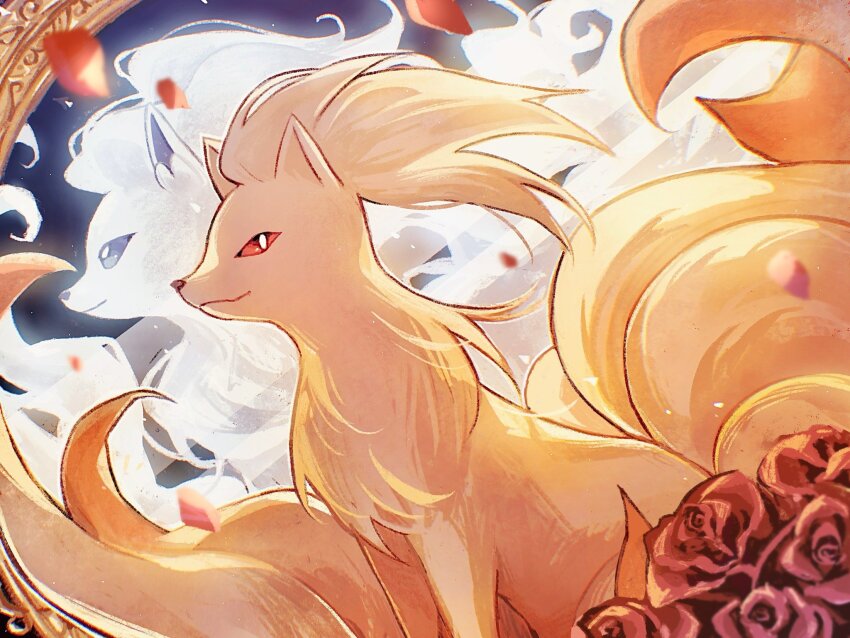 alolan_form alolan_ninetales blue_eyes closed_mouth commentary falling_petals feet_out_of_frame flower gen_1_pokemon gen_7_pokemon highres keokeo_ar looking_ahead looking_to_the_side ninetales nintendo no_humans petals pokemon pokemon_(creature) profile red_eyes red_flower red_rose rose sideways_glance smile symbol-only_commentary white_fur yellow_fur
