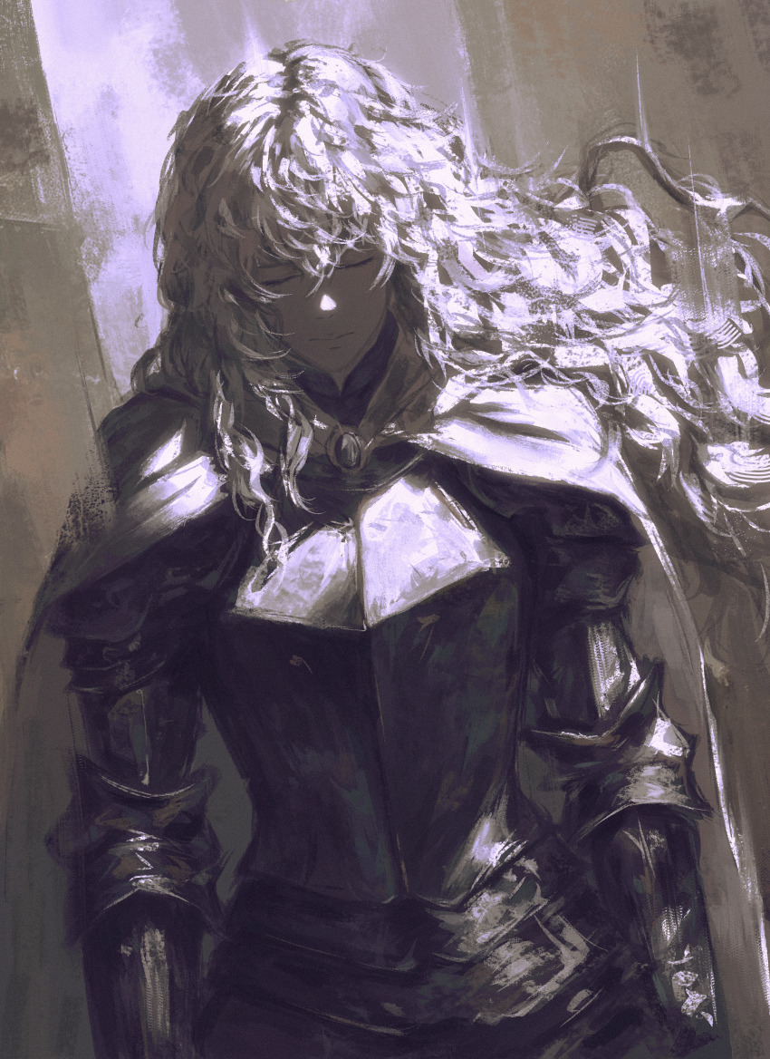 1boy absurdres armor berserk bracer breastplate cape closed_eyes commentary_request couter floating_hair griffith_(berserk) hair_between_eyes highres long_hair male_focus pauldrons rerebrace shiej007 shoulder_armor solo tagme white_cape white_hair