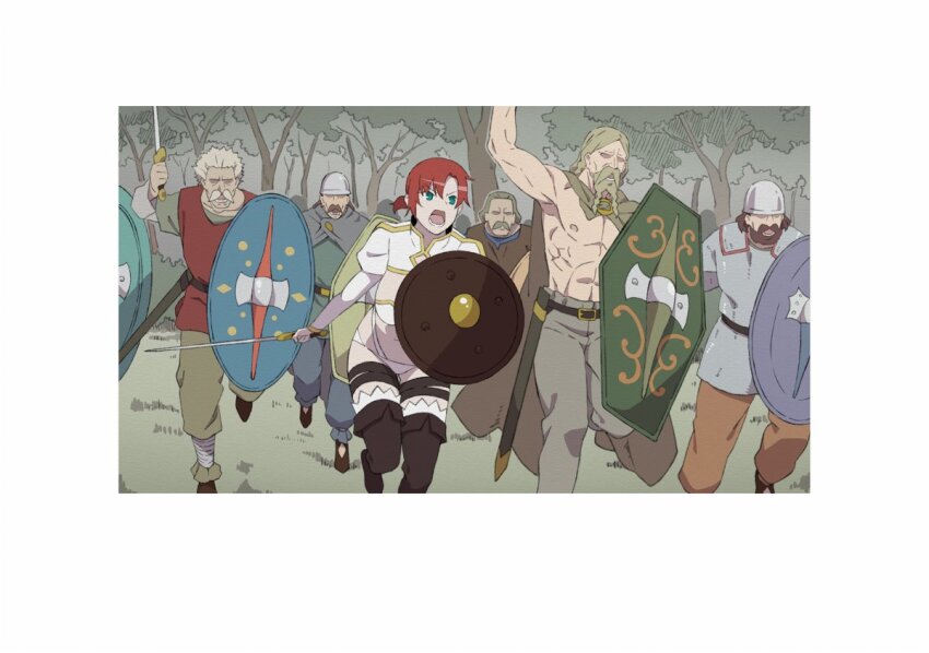 1girl 5boys akitetsu beard boots border boudica_(fate) charging_forward facial_hair fate/grand_order fate_(series) forest green_eyes helmet holding holding_shield holding_sword holding_weapon multiple_boys nature open_mouth outdoors red_hair shield shrug_(clothing) sword thigh_boots topless_male weapon white_border
