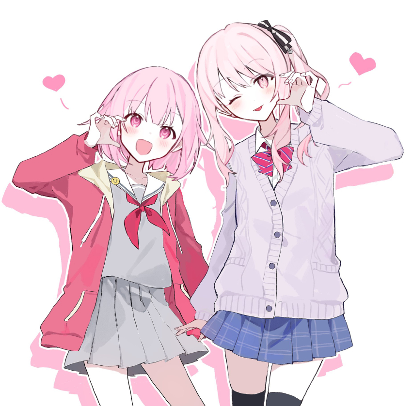 1girl 1other ;p akiyama_mizuki black_socks blue_skirt blush bow bowtie cardigan commentary grey_cardigan grey_shirt half-heart_hands heart highres jacket kamiyama_high_school_uniform_(project_sekai) kneehighs long_sleeves miyamasuzaka_girls&#039;_academy_school_uniform neckerchief one_eye_closed ootori_emu open_mouth pink_eyes pink_hair pink_jacket pleated_skirt project_sekai red_bow red_bowtie red_neckerchief sailor_collar school_uniform shirt short_hair side_ponytail simple_background skirt socks tongue tongue_out white_background white_sailor_collar z_v1re