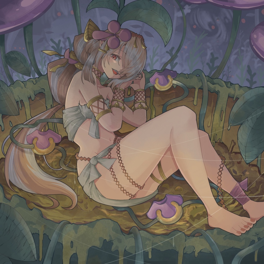 1girl ankle_ribbon armlet bare_shoulders barefoot blush breasts duel_monster flower full_body highres jewelry leg_ribbon long_hair looking_at_viewer midriff monster_girl navel open_mouth pink_flower plant plant_girl red_eyes red_nails ribbon sitting solo tamatarou teeth thighs traptrix_pinguicula upper_teeth_only very_long_hair yu-gi-oh!