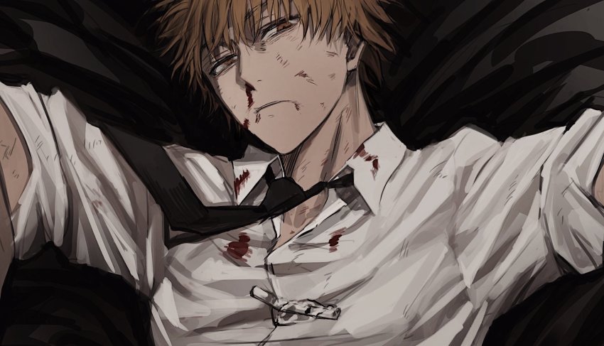 1boy beaten black_necktie blonde_hair blood blood_on_clothes blood_on_face chainsaw_man cigarette collared_shirt denji_(chainsaw_man) dirty dirty_clothes dirty_face highres ku_ha looking_at_viewer necktie nosebleed saliva shirt short_hair sleeves_rolled_up solo trash_bag white_shirt