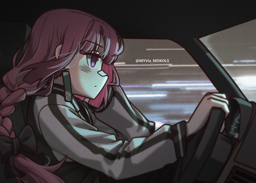 1girl bandaid bandaid_on_face bandaid_on_nose black_bow black_jacket blush bocchi_the_rock! bow braid car_interior closed_mouth commentary dot_mouth drive_(movie) driving english_commentary expressionless from_side hair_bow highres hiroi_kikuri jacket long_hair long_sleeves multicolored_jacket myvia_mokols profile purple_eyes purple_hair single_braid solo steering_wheel twitter_username two-tone_jacket upper_body white_jacket
