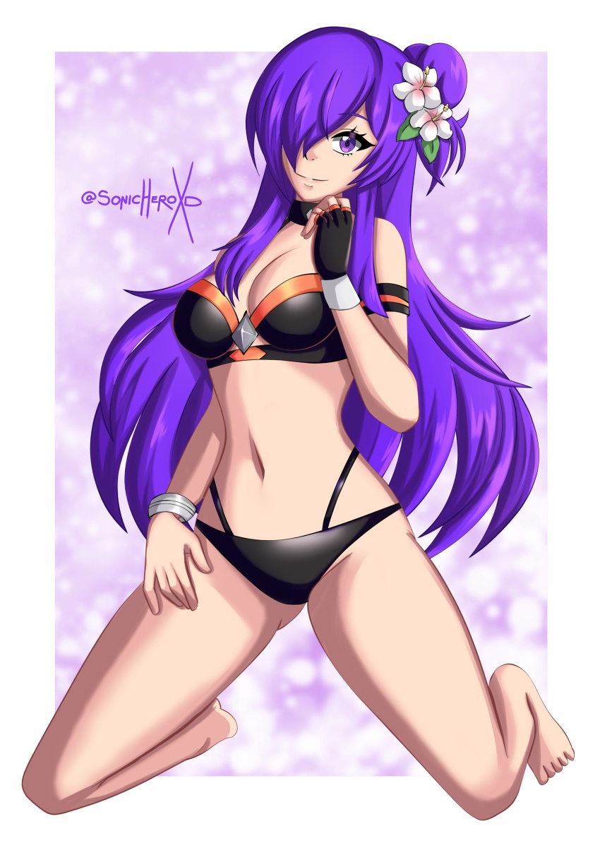 1girl absurdres alternate_costume bad_tag bare_legs barefoot bikini black_bikini black_swimsuit breasts choker cleavage female_focus female_shez_(fire_emblem) fingerless_gloves fire_emblem fire_emblem:_three_houses fire_emblem_heroes fire_emblem_warriors:_three_hopes flower gloves gluteal_fold hair_flower hair_ornament hair_over_one_eye highres kneeling legs long_hair looking_at_viewer medium_breasts midriff nintendo official_alternate_costume purple_eyes purple_hair smile sonicheroxd swimsuit very_long_hair