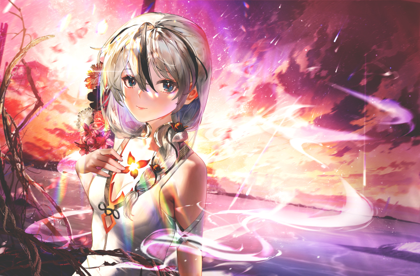 1girl absurdres alternate_hairstyle bare_shoulders blue_eyes braid breasts camellya_(wuthering_waves) chinese_commentary cleavage closed_mouth commentary dress flower_on_chest hand_on_own_chest highres jin_sumire lady_flora_(wuthering_waves) looking_at_viewer small_breasts smile solo upper_body white_dress white_hair wuthering_waves
