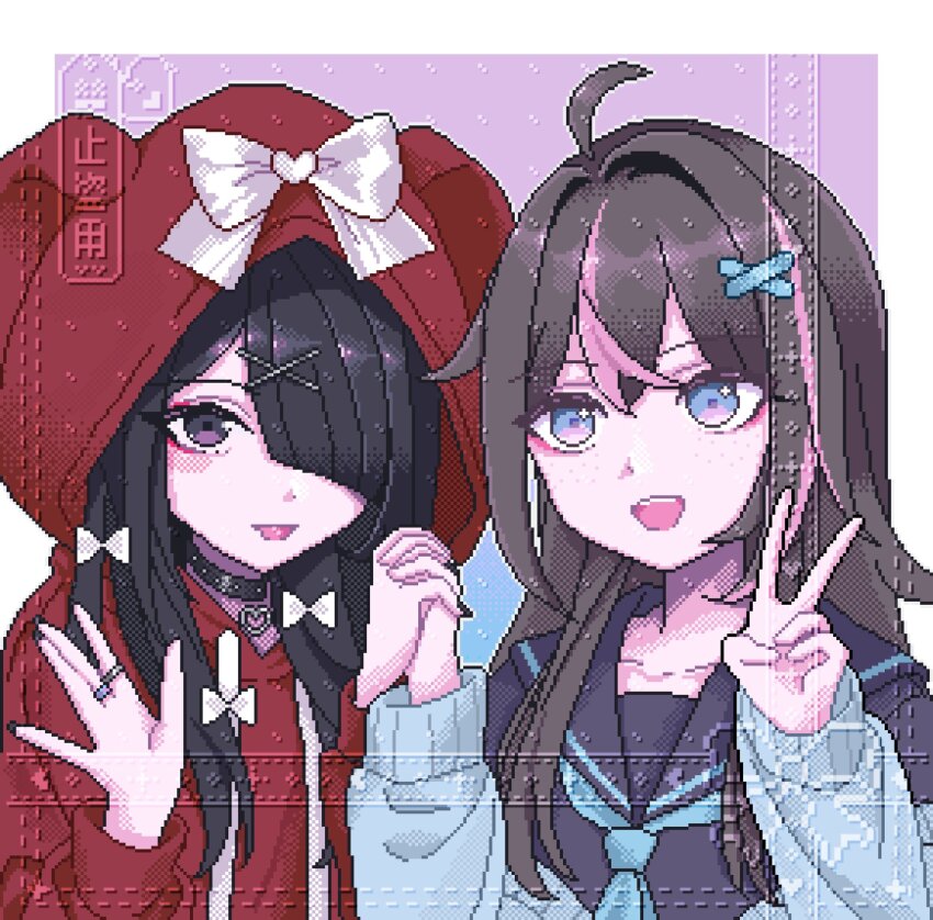 2girls ame-chan_(needy_girl_overdose) animal_hood aseprite_(software) black_choker black_eyes black_hair black_nails blue_eyes border bow brown_hair choker diagonal_bangs grin hair_bow hair_ornament hair_over_one_eye highres holding_hands hood hood_up hoodie jewelry koharustuki long_sleeves looking_at_viewer multiple_girls multiple_hair_bows multiple_rings needy_girl_overdose official_alternate_costume open_mouth original pink_streaks pixel_art red_hoodie ring school_uniform serafuku smile stray_hair v waving white_border white_bow x_hair_ornament