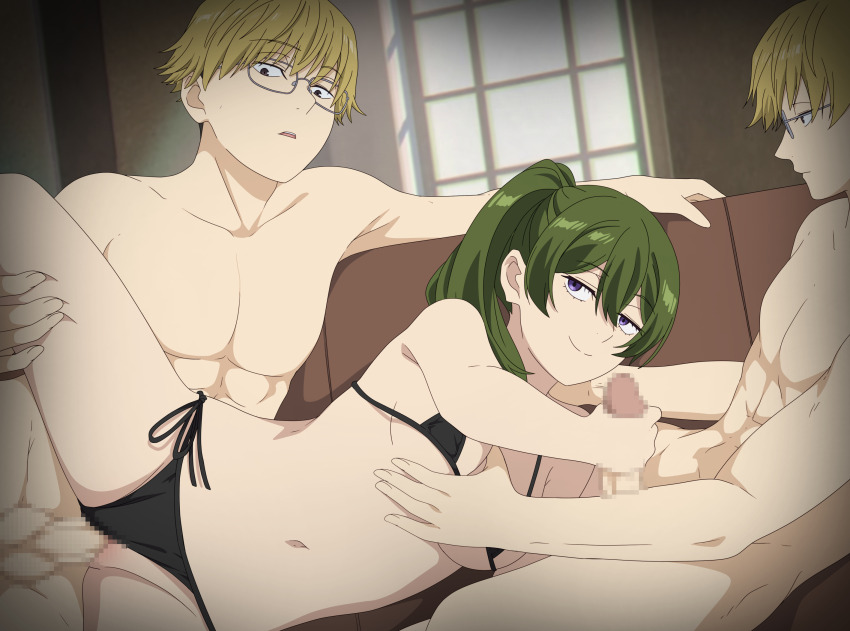 1girl 2boys artist_name bikini bikini_bottom_aside black_bikini blonde_hair breasts censored clone clone_harem clothing_aside commentary couch eufoniuz grabbing_another&#039;s_breast green_hair groping group_sex handjob hetero highres indoors jitome land_(sousou_no_frieren) leg_grab long_hair looking_at_another medium_breasts mmf_threesome mosaic_censoring multiple_boys muntins navel paid_reward_available parted_lips profile purple_eyes pussy rectangular_eyewear revision sex side-tie_bikini_bottom side_ponytail smile sousou_no_frieren spread_legs subscribestar_logo subscribestar_username swimsuit thighs threesome ubel_(sousou_no_frieren) vaginal window