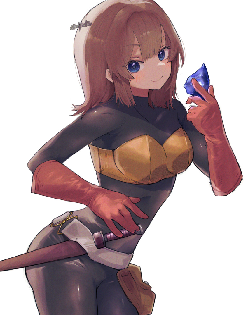 1girl belt black_bodysuit blue_eyes blue_gemstone blunt_bangs bodysuit breasts brown_hair commentary_request cou_(captain_armstrong) cowboy_shot double-parted_bangs dragon_quest dragon_quest_iii gem gloves highres holding holding_gem knife knife_sheath looking_at_viewer medium_breasts medium_hair red_gloves sheath sheathed smile solo thief_(dq3) twitter_username white_background white_belt