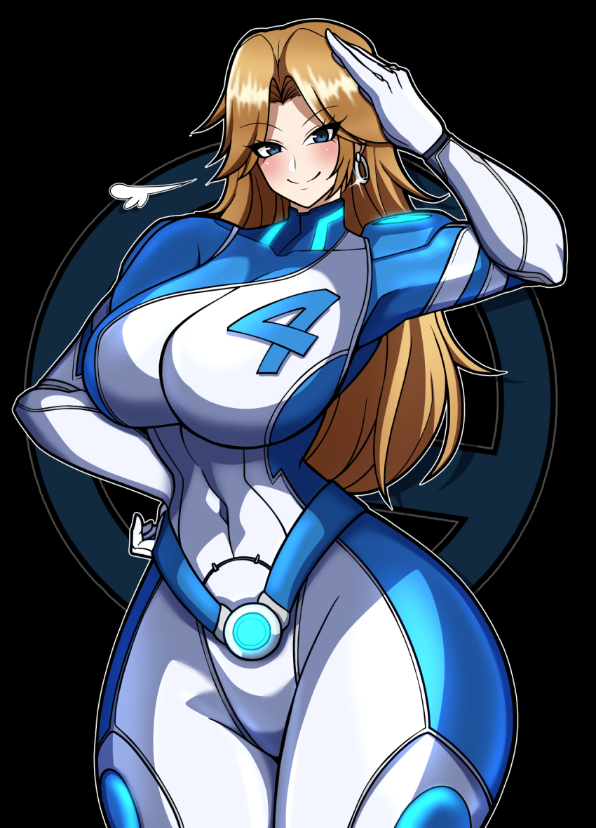 1girl blonde_hair blue_eyes bodysuit breasts fantastic_four hand_on_own_hip hand_to_head highres iriomote_umineko large_breasts long_hair marvel marvel_rivals salute standing sue_storm tight_clothes