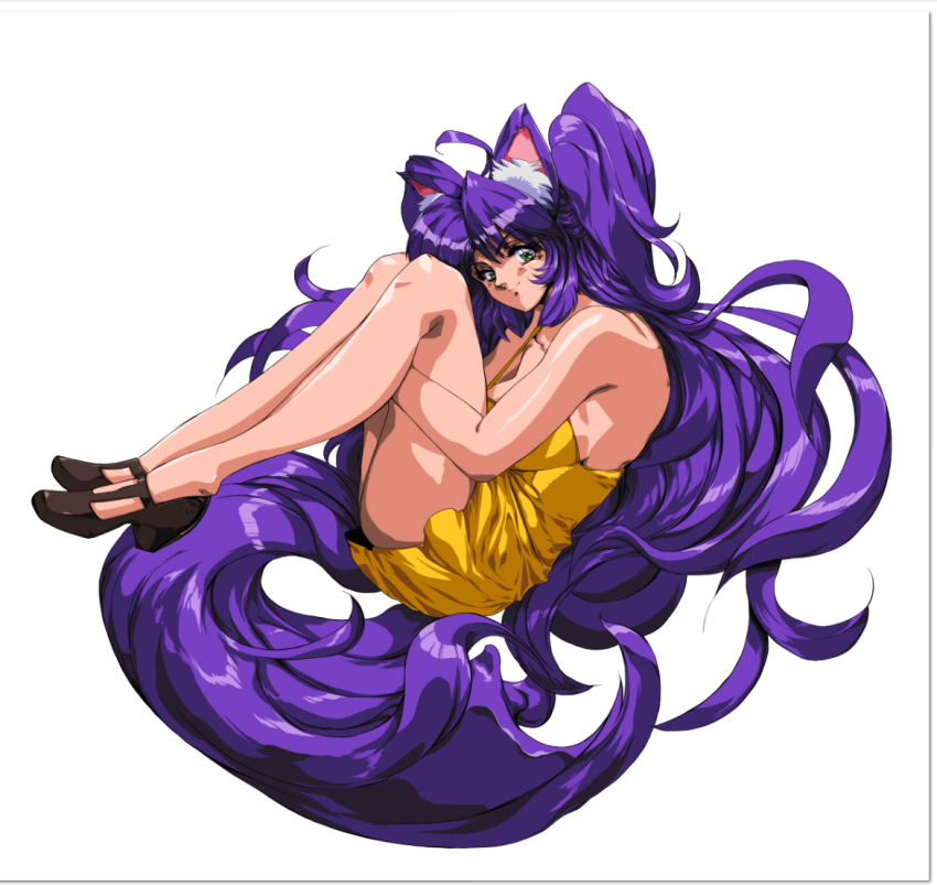 1980s_(style) 1girl absurdly_long_hair ahoge animal_ear_fluff animal_ears breasts cat_ears commentary commission dress english_commentary eyebrows_hidden_by_hair fetal_position floating floating_hair green_hair high_heels hinomars19 large_breasts long_hair looking_at_viewer oldschool original purple_hair retro_artstyle smile solo v-shaped_eyebrows very_long_hair white_background yellow_dress