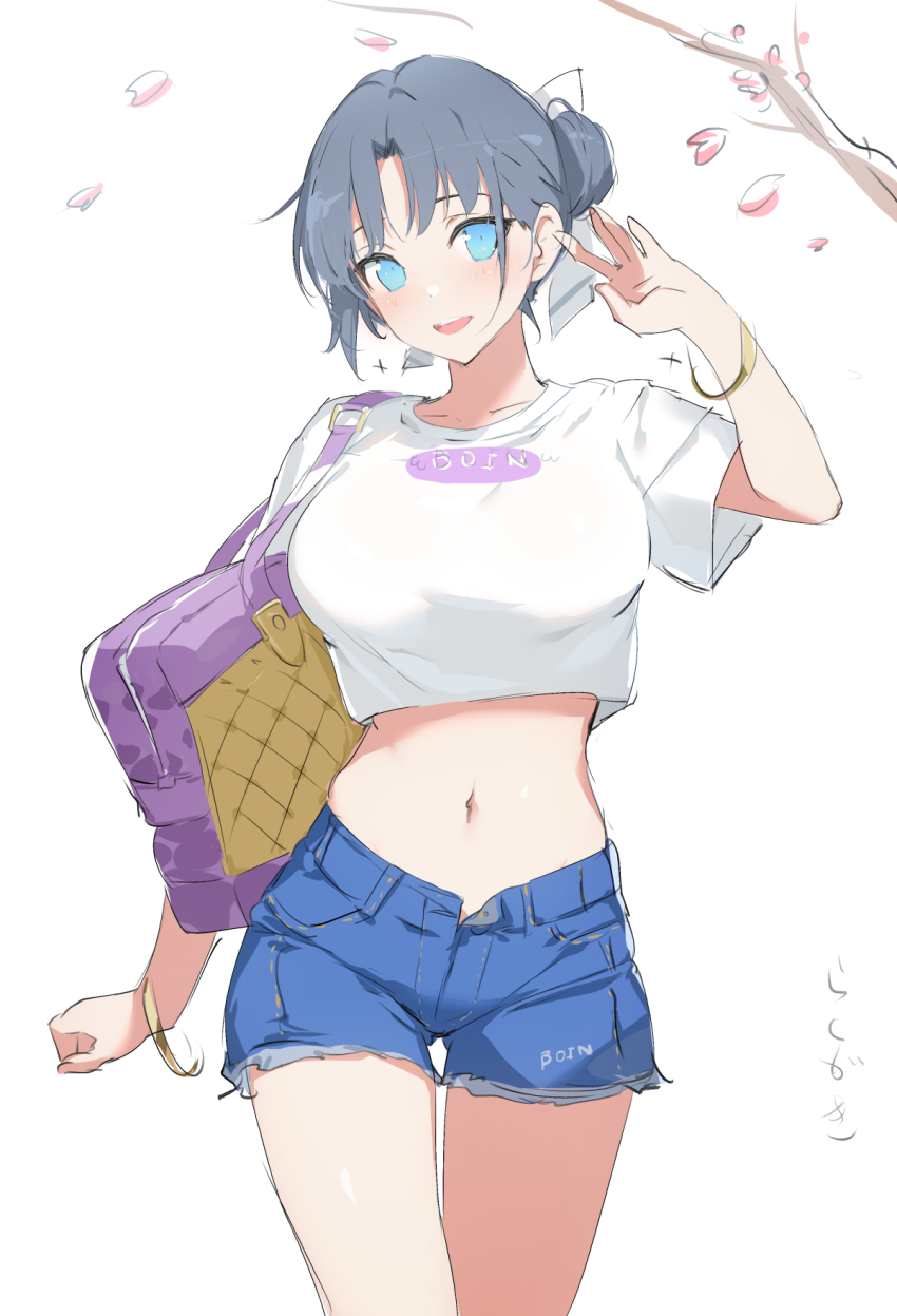 1girl alternate_hairstyle bag blush bow bracelet breasts cherry_blossoms commentary_request crop_top denim denim_shorts grey_hair hair_bun highres jewelry large_breasts looking_at_viewer navel open_fly open_mouth petals senran_kagura shirt shorts shoulder_bag simple_background sketch smile solo striped_bow thigh_gap waving white_background white_shirt yaegashi_nan yumi_(senran_kagura)