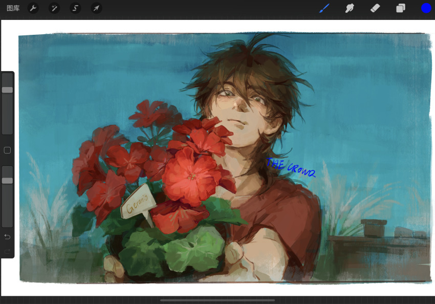 1boy art_program_in_frame border brown_hair chinese_commentary closed_mouth commentary_request flower flower_pot green_eyes hair_between_eyes highres holding holding_flower_pot isoi_reiji male_focus medium_hair procreate_(medium) procreate_(software) red_flower red_shirt saibou_shinkyoku shirt short_sleeves signature sketch solo the_crowd upper_body white_border
