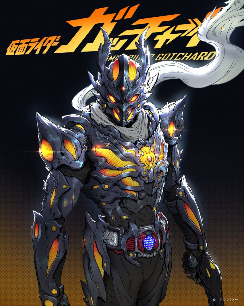 1boy absurdres armor black_armor black_bodysuit blue_armor blue_gloves bodysuit copyright_name dreadriver rider_belt dutch_angle gauntlets gloves glowing glowing_eyes highres holding kamen_rider kamen_rider_dread kamen_rider_gotchard_(series) lihaolow looking_at_viewer male_focus reiwa rider_belt scarf shoulder_armor skeleton tokusatsu torn_clothes torn_scarf type_zero_form white_scarf yellow_eyes