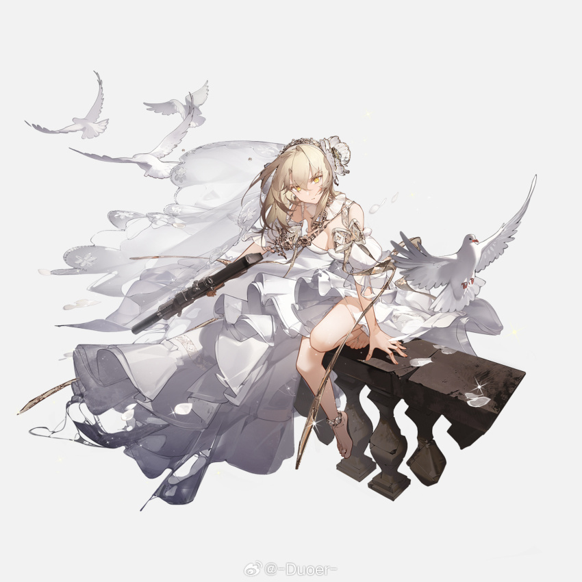 1girl anklet assault_rifle bare_shoulders barefoot bird blonde_hair breasts bullpup carbine clothing_cutout detached_collar dlgeria dove dress flower full_body girls&#039;_frontline gun hair_flower hair_ornament hairband high-low_skirt highres holding holding_gun holding_weapon iwi_tavor jewelry long_hair looking_at_viewer medium_breasts official_alternate_costume official_art puffy_short_sleeves puffy_sleeves railing rifle scar scar_on_face short_sleeves shoulder_cutout solo squatting tavor_x95 torn_clothes torn_dress v-shaped_eyebrows watermark weapon weibo_watermark white_background white_bird white_dress white_flower white_hairband x95_(girls&#039;_frontline) yellow_eyes