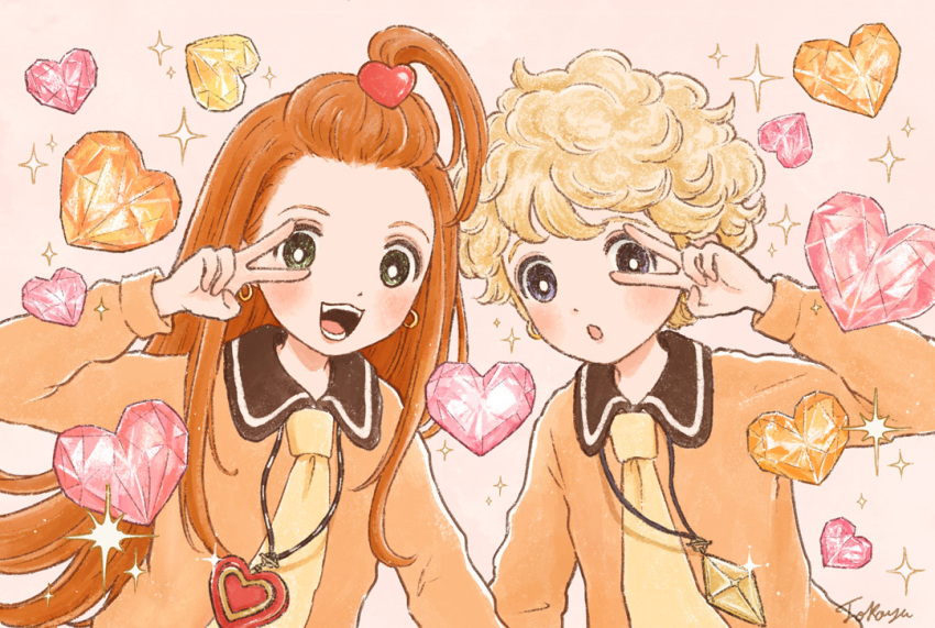 1girl 2girls artist_name blonde_hair blue_eyes bright_pupils brown_collar chocolat_meilleure collar curly_hair finger_to_eye green_eyes hair_ornament heart heart_hair_ornament jewelry long_hair long_sleeves looking_at_viewer magical_girl multiple_girls necklace necktie open_mouth orange_hair orange_shirt pendant pixiv_username romaji_text shirt short_hair star_(symbol) sugar_sugar_rune teeth tokoyu tongue two-tone_shirt v vanilla_mieux white_background white_pupils yellow_necktie