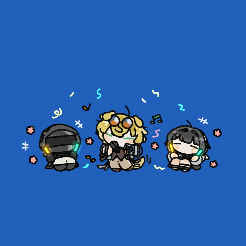 1boy 1girl 1other abelllllllll ahoge animal_ears arknights black_footwear black_hair black_hood black_mask black_shirt blonde_hair blue-tinted_eyewear blue_background blue_eyes blush bracelet brother_and_sister brother_and_step-sister chibi chinese_commentary doctor_(arknights) dog_boy dog_ears dog_tail eyewear_on_head feather_hair flower grey_pants hair_between_eyes hair_intakes highres holding_lightstick hood hood_up hooded_jacket jacket jewelry la_pluma_(arknights) lightstick mask microphone music musical_note orange_shoes pants shirt shoes siblings singing step-brother_and_step-sister step-siblings sunglasses tail tail_wagging tequila_(arknights) tequila_(top_tier_live)_(arknights) tinted_eyewear translation_request