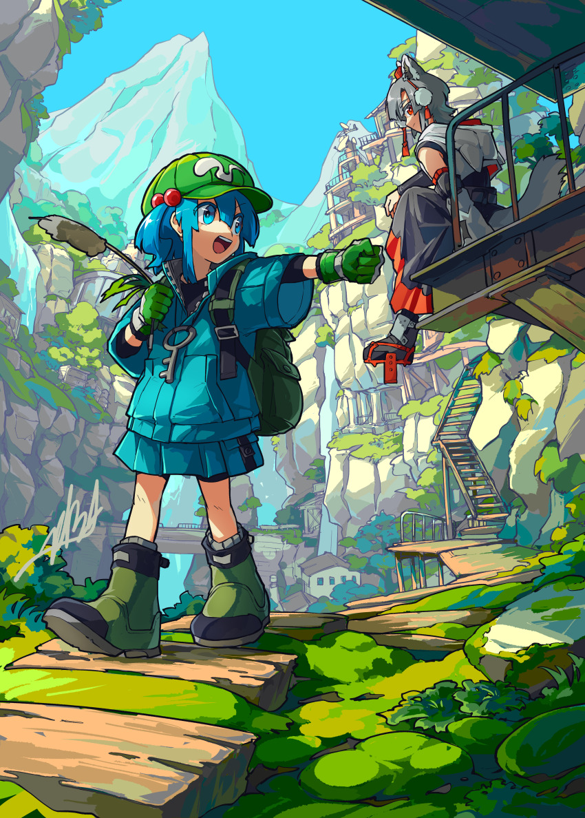 2girls absurdres adapted_costume animal_ear_hood animal_ears backpack bag black_skirt blue_eyes blue_hair blue_jacket blue_skirt boots building cattail day detached_sleeves doggo_1d34 fake_animal_ears gloves green_boots green_gloves green_hat grey_hair hair_bobbles hair_ornament hat highres holding holding_plant hood hood_down inubashiri_momiji jacket kawashiro_nitori key medium_hair mountain multiple_girls nature open_mouth outdoors plant pom_pom_(clothes) railing red_eyes red_hat red_trim rock signature sitting skirt sleeveless smile standing tail tokin_hat touhou walking wolf_ears wolf_girl wolf_tail