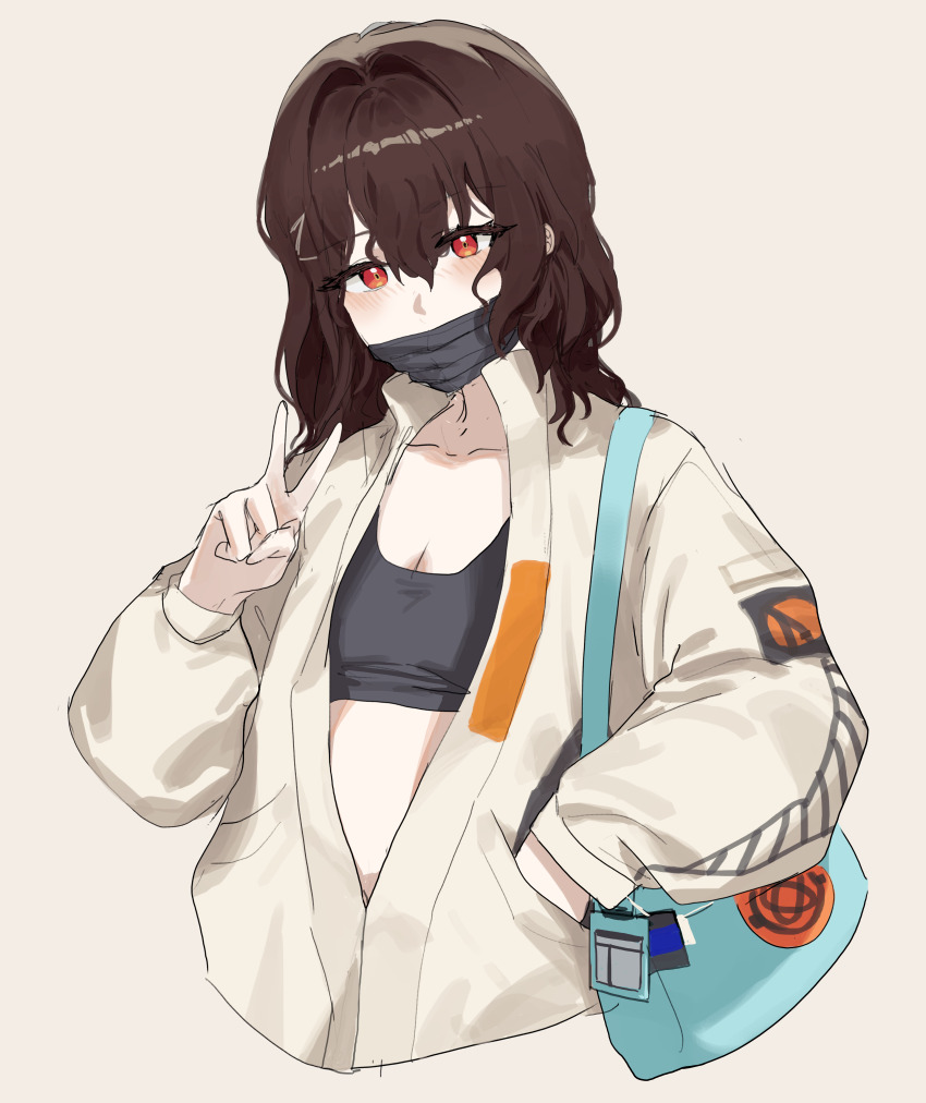 1girl absurdres bag black_mask breasts cleavage covered_mouth cropped_torso girls&#039;_frontline girls&#039;_frontline_neural_cloud hatsuchiri_(cotton_candy_kiss)_(neural_cloud) hatsuchiri_(neural_cloud) highres jacket mask mouth_mask official_alternate_costume red_eyes ribu_(rv) small_breasts solo upper_body v