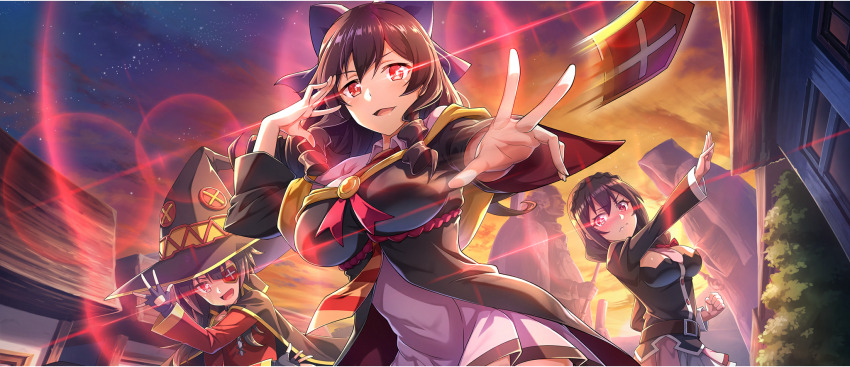 3girls arue_(konosuba) belt black_cloak black_gloves black_hat black_robe black_shirt blouse blush bow braid breasts brown_belt brown_hair building chuunibyou cleavage_cutout clenched_hand cloak closed_mouth clothing_cutout cloud cloudy_sky collared_dress crown_braid diagonal-striped_clothes diagonal-striped_necktie dress drill_hair drill_sidelocks embarrassed eyepatch fingerless_gloves from_below game_cg gloves glowing glowing_eye hair_between_eyes hair_bow hand_over_eye hand_up hat highres kono_subarashii_sekai_ni_shukufuku_wo! konosuba!_fantastic_days large_breasts long_hair looking_at_viewer looking_down low_twintails megumin miniskirt multiple_girls necktie nose_blush off_shoulder official_art open_mouth orange_necktie outdoors outstretched_arm pink_dress pink_necktie pink_skirt purple_bow reaching reaching_towards_viewer red_bow red_dress red_eyes red_necktie red_prison_magic_school_uniform robe school_uniform shirt short_dress short_hair short_hair_with_long_locks short_necktie sidelocks skirt sky smile statue striped_clothes sunset throwing twintails two-tone_necktie unworn_eyepatch v-shaped_eyebrows witch_hat yunyun_(konosuba)