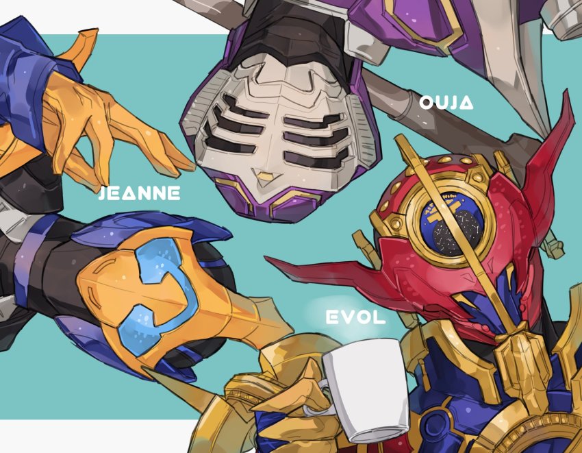1girl 2boys armor bbbb_fex blue_eyes cobra_(animal) coffee_mug cup gloves highres kamen_rider kamen_rider_build_(series) kamen_rider_evol kamen_rider_jeanne kamen_rider_ouja kamen_rider_revice kamen_rider_ryuki_(series) mug multiple_boys orange_armor orange_gloves purple_armor red_armor staff trait_connection