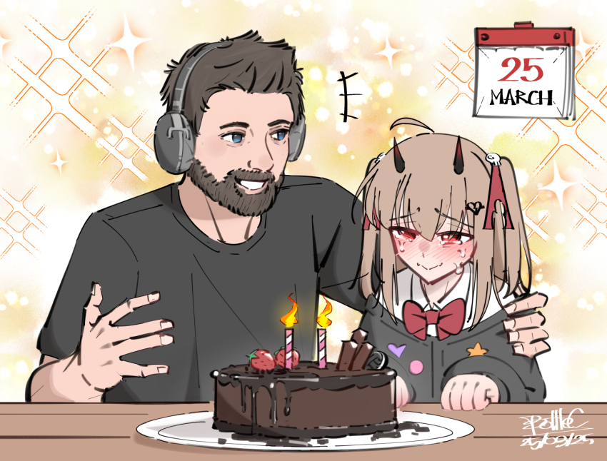 1boy ahoge artist_name beard black_cardigan black_horns black_shirt bottle_(bottle1234) bow bowtie broken_heart_hair_ornament brown_hair buttons cake cardigan closed_mouth evil_neuro-sama facial_hair food from_side fruit grin hair_between_eyes hair_ornament hair_ribbon hand_on_another&#039;s_shoulder headphones heart_button horns indie_virtual_youtuber long_hair long_sleeves neuro-sama off-shoulder_cardigan original plate red_bow red_bowtie red_ribbon ribbon shirt short_hair short_sleeves skull_hair_ornament smile star_button strawberry table tearing_up timestamp two_side_up upper_body virtual_youtuber white_shirt