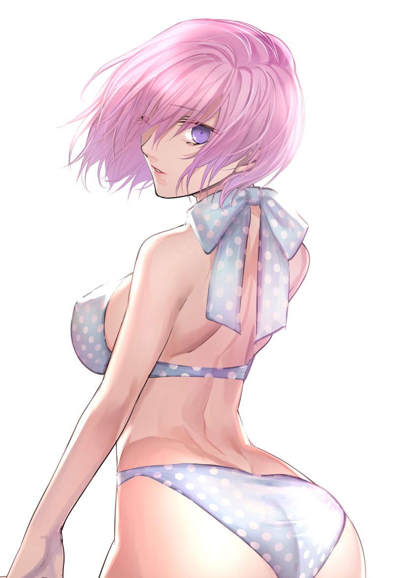 1girl absurdres bikini bikini_day breasts commentary fate/grand_order fate_(series) from_behind hair_over_one_eye hashtag-only_commentary highres looking_back mash_kyrielight parted_lips pink_hair polka_dot polka_dot_bikini purple_eyes ri-ko simple_background solo swimsuit white_background white_bikini