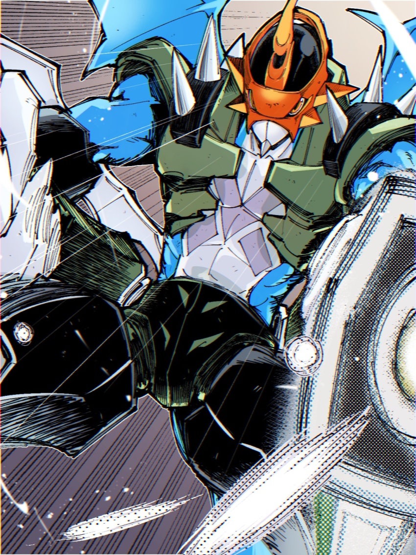 1boy blue_skin blue_wings blurry blurry_foreground colored_skin commentary_request digimon digimon_(creature) dragon gun helmet highres male_focus motion_lines paildramon red_eyes red_helmet solo speed_lines takeuchi_(a3) weapon wings