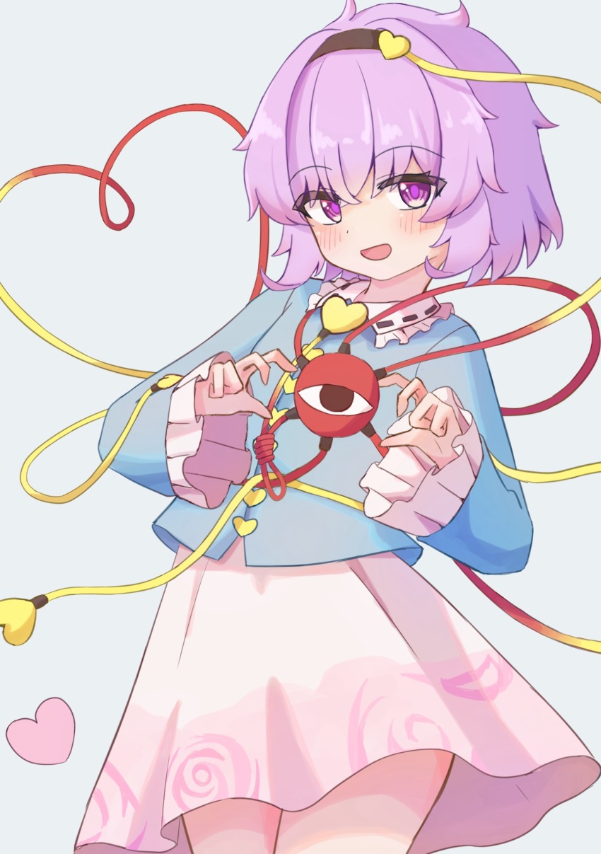1girl :d absurdres blue_shirt blush buttons commentary_request cowboy_shot dot_nose eyeball floral_print grey_background hair_between_eyes hair_ornament hairband heart heart_button heart_hair_ornament highres komeiji_satori long_sleeves looking_at_viewer nora_koutya open_mouth pink_skirt purple_eyes purple_hair shirt short_hair simple_background skirt smile solo third_eye touhou wide_sleeves