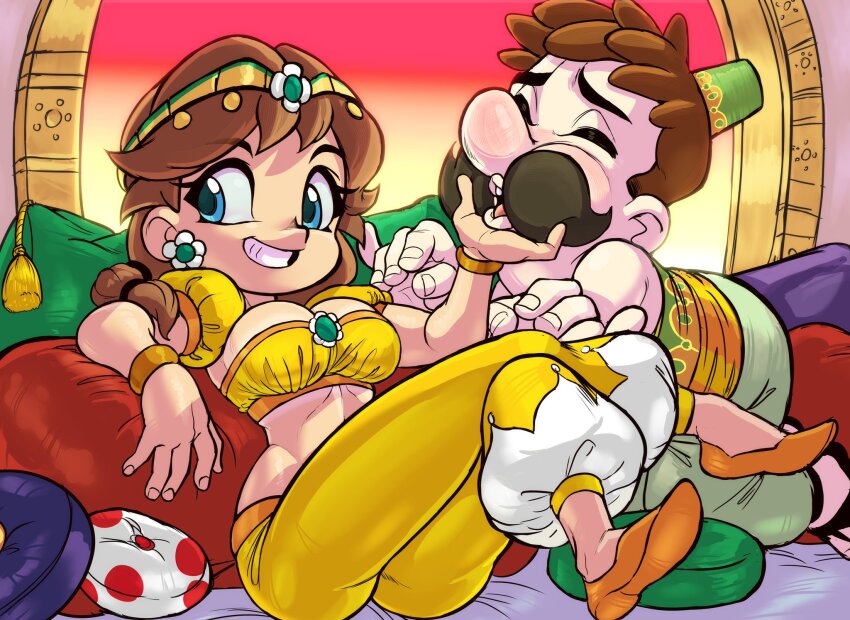 1boy 1girl arabian_clothes blue_eyes bracelet breasts brown_hair cheek_pinching circlet closed_eyes crop_top crossed_legs dress earrings facial_hair flower_earrings full_body green_hat green_pants green_vest hand_on_another&#039;s_face hat highres indoors jewelry long_hair luigi luigi_(oasis) lying mario_(series) mario_kart mario_kart_world midriff mustache nintendo official_alternate_costume on_back orange_shoes pants pillow pinching ponytail princess princess_daisy princess_daisy_(oasis) puffy_short_sleeves puffy_sleeves sandals shoes short_hair short_sleeves smile teeth teevo vest window yellow_dress yellow_pants