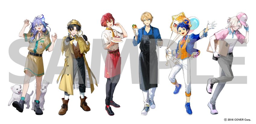 6+boys :d alternate_costume alternate_hairstyle ankle_cuffs antenna_hair apolleon apron aqua_gloves aqua_hair aqua_socks ascot astel_leda balloon baseball_cap beanie belt black_apron black_belt black_footwear black_gloves black_hair black_pants blonde_hair blue_eyes blue_footwear blue_hair blue_hat blue_jacket blue_shirt boots border0715 boutonniere bow box braid brown_footwear brown_hat brown_shirt brown_shorts brown_vest buttons cabbie_hat cake capelet carrying carrying_under_arm chef claw_pose coat collared_shirt copyright_notice cross_tie crossed_bangs cup curtained_hair delivery detective disposable_cup double-breasted earrings flower flower_trim food frilled_sleeves frills fruit full_body gloves green_eyes grey_pants hair_between_eyes hair_bun hair_over_one_eye hair_over_shoulder half_gloves half_updo hanasaki_miyabi hand_up hands_up hat hat_bow hat_on_back highres hitodama holding holding_balloon holding_box holding_cup holding_food holding_fruit holding_magnifying_glass holding_plate holding_unworn_clothes holding_unworn_hat holostars jacket jewelry kishido_temma lace-up_boots lion_cub loafers long_hair long_sleeves looking_at_viewer low-braided_long_hair low-tied_long_hair magnifying_glass male_focus medium_hair minase_rio mini_hat mini_top_hat multicolored_hair multiple_boys neckerchief official_art open_clothes open_coat open_collar open_hand open_jacket open_mouth orange_ascot orange_bow orange_vest outstretched_arms pants parted_bangs parted_lips pink_flower pink_hair pink_hat pink_sleeves plaid_clothes plaid_hat plate pointing pointing_at_viewer polo_shirt purple_eyes purple_flower purple_hair red_apron red_hair red_hat red_socks running sample_watermark shirt shoes short_hair shorts side_part single_braid single_hair_bun sleeves_rolled_up smile sneakers socks standing standing_on_one_leg strawberry streaked_hair striped_apron striped_clothes striped_headwear striped_vest swept_bangs top_hat trench_coat two-tone_gloves two-tone_hair two-tone_shirt uniform unworn_hat unworn_headwear utsugi_uyu v-shaped_eyebrows vertical-striped_clothes vertical-striped_vest vest virtual_youtuber waist_apron watermark white_background white_eyes white_flower white_footwear white_gloves white_hair white_jacket white_pants white_shirt white_socks wrap_(food) yatogami_fuma yellow_capelet yellow_coat yellow_eyes yellow_flower yellow_hat yellow_neckerchief zookeeper