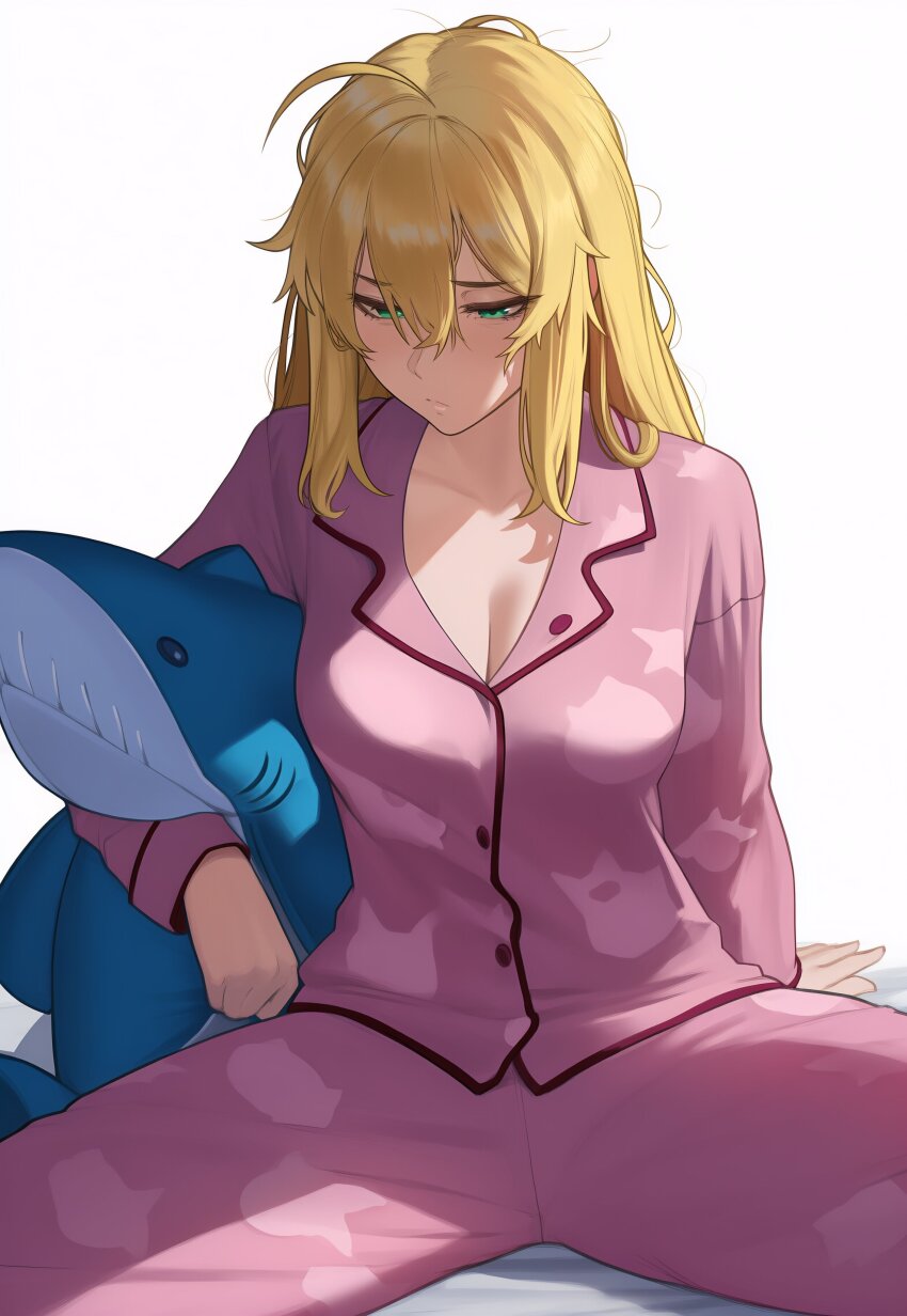absurdres ahoge ai-generated artoria_pendragon_(fate) blonde_hair breasts cleavage commentary english_commentary fate/grand_order fate/stay_night fate_(series) green_eyes highres holding holding_stuffed_toy kagetsumoon long_hair messy_hair pajamas pink_pajamas saber_(fate) sidelocks sleepy stuffed_animal stuffed_shark stuffed_toy