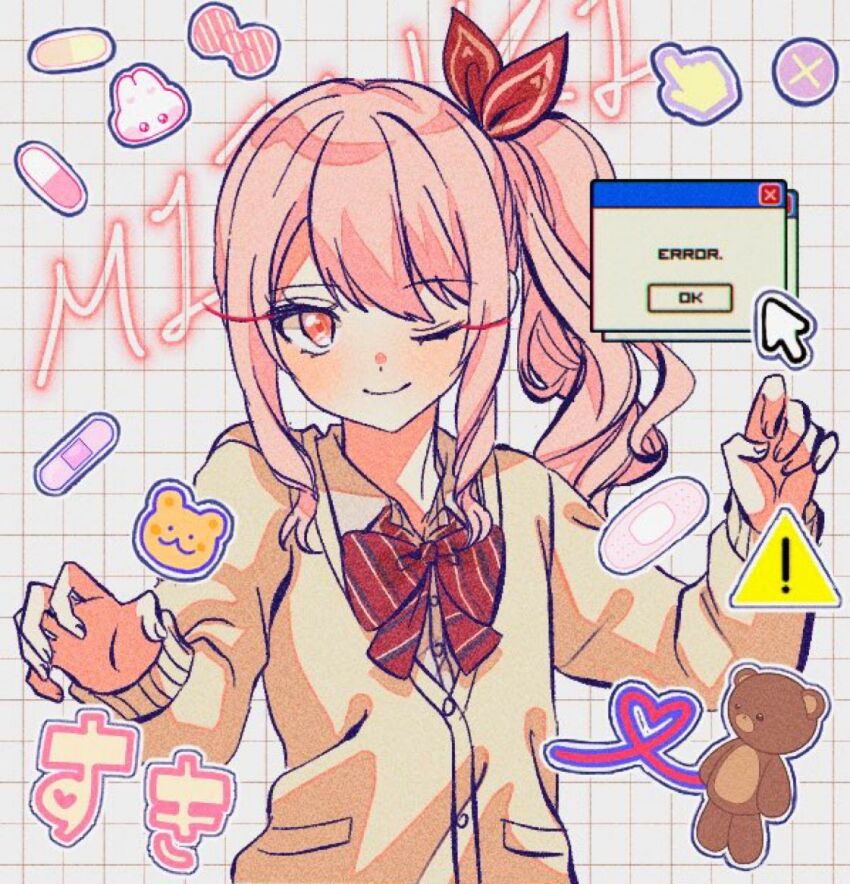1other akiyama_mizuki artist_request bear bow bowtie buttons character_name claw_pose closed_mouth collared_shirt cursor dot_nose dress_shirt eyelashes fingernails grey_background grid_background hair_between_eyes hair_bow happy heart heart_of_string heart_print jacket kamiyama_high_school_uniform_(project_sekai) light_blush long_hair long_sleeves looking_at_viewer one_eye_closed other_focus pill pink_eyes pink_hair pocket project_sekai rabbit red_bow red_bowtie school_uniform shirt side_ponytail sidelocks sign smile solo source_request striped_bow striped_bowtie striped_clothes stuffed_animal stuffed_toy sweater_jacket swept_bangs teddy_bear third-party_source upper_body warning_sign wavy_hair white_shirt window_(computing) yellow_jacket