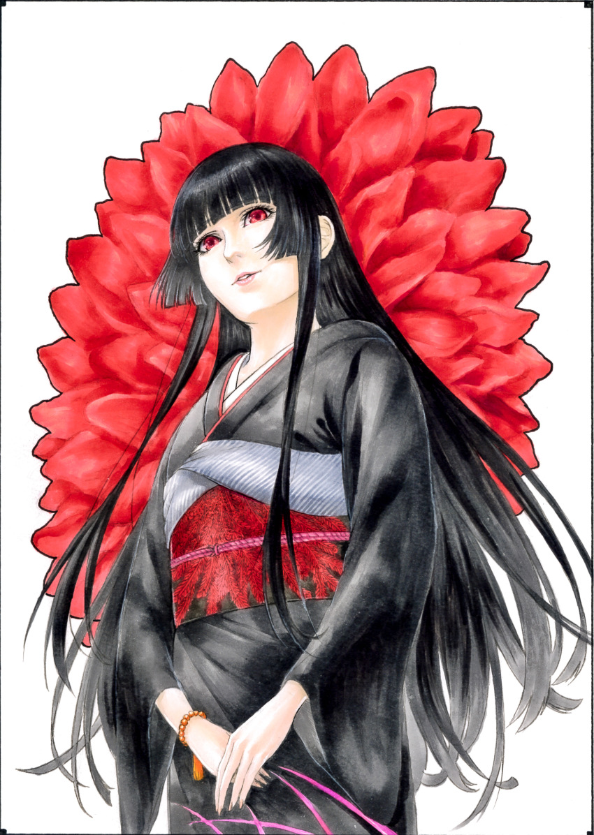 1girl absurdres black_hair black_kimono blunt_bangs cowboy_shot enma_ai floral_print flower from_below highres hime_cut japanese_clothes jigoku_shoujo kimono long_hair long_sleeves looking_ahead marker_(medium) melpo2501 obi own_hands_together parted_lips red_eyes red_flower sash sidelocks simple_background smile solo standing traditional_media very_long_hair white_background wide_sleeves