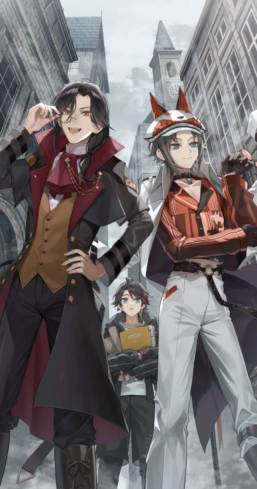3boys :3 :d absurdres adjusting_eyewear animal_ears animal_hat ascot belt black_belt black_coat black_collar black_gloves black_hair black_hoodie black_pants black_shorts blue_eyes brown_eyes brown_vest building buttons clock clock_tower closed_mouth coat coat_on_shoulders collar collarbone collared_coat collared_shirt commentary english_commentary fake_animal_ears fingerless_gloves fog folder fox_ears fox_hat gloves hair_between_eyes hair_over_shoulder hand_on_own_hip hand_up hat high_collar highres holding holding_folder hood hood_down hoodie lapels long_hair long_sleeves low-tied_long_hair male_focus monocle multicolored_eyes multicolored_hair multicolored_shirt multiple_boys mysta_rias mysta_rias_(1st_costume) nijisanji nijisanji_en o-ring o-ring_belt open_clothes open_coat open_hoodie open_mouth orange_shirt outdoors overcast pants paper parted_bangs red_ascot red_hair reg_(regulus_iii) saegusa_akina saegusa_akina_(4th_costume) shellin_burgundy shellin_burgundy_(1st_costume) shirt shorts sidelocks sky smile standing streaked_hair striped_clothes striped_shirt sweatdrop teeth tower two-tone_eyes vertical-striped_clothes vertical-striped_shirt vest virtual_youtuber white_coat white_hat white_pants white_shirt