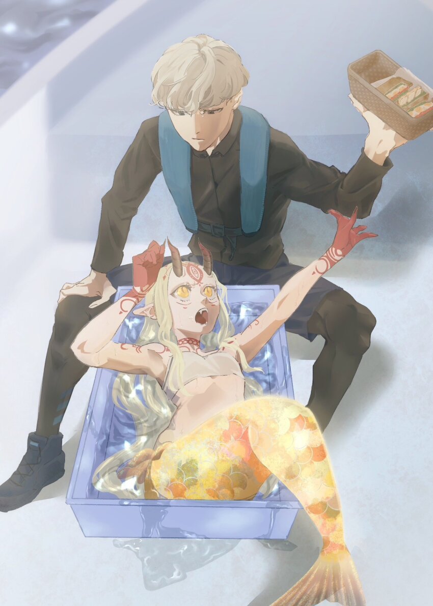 1boy 1girl bandeau black_shirt blonde_hair breasts commentary_request eieio006 facial_mark fangs fate/grand_order fate_(series) forehead_mark grey_hair highres horns ibaraki_douji_(fate) in_container looking_at_another mermaid monster_girl oni open_mouth sandwiched shirt sitting small_breasts watanabe_no_tsuna_(fate) water yellow_eyes
