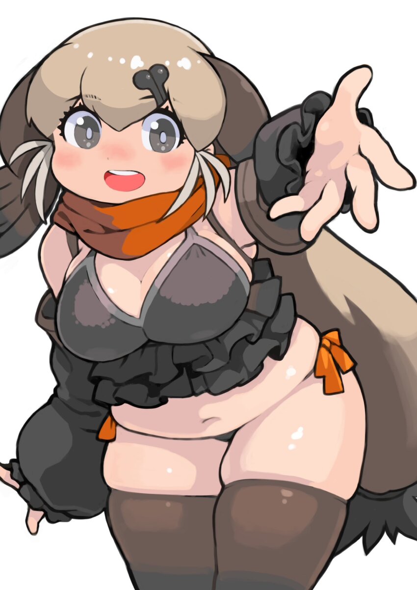 1girl bikini breasts elbow_gloves fins frills gloves grey_eyes grey_hair hair_ornament head_fins highres kemono_friends large_breasts long_hair looking_at_viewer navel ribbon rinx scarf simple_background solo steller&#039;s_sea_lion_(kemono_friends) swimsuit thighhighs