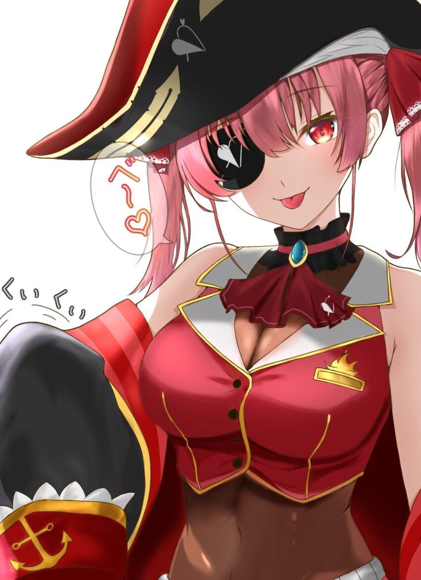 1girl :p anchor_symbol arrow_through_heart ascot bare_shoulders bicorne breasts cleavage detached_sleeves eyepatch eyes_visible_through_hair hat highres hololive houshou_marine houshou_marine_(1st_costume) johnny_0716 leotard leotard_under_clothes looking_at_viewer motion_lines navel pirate pirate_hat red_ascot red_eyes red_hair see-through_cleavage see-through_clothes see-through_leotard simple_background sleeveless sleeveless_jacket solo speech_bubble tongue tongue_out twintails virtual_youtuber white_background