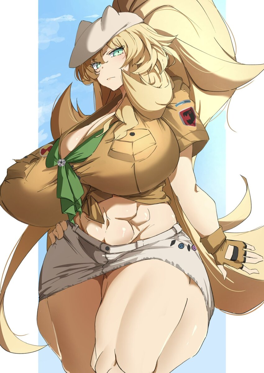 1girl abs barghest_(fate) barghest_(swimsuit_archer)_(fate) barghest_(swimsuit_archer)_(first_ascension)_(fate) biceps blonde_hair breasts cleavage fate/grand_order fate_(series) fingerless_gloves gloves green_eyes grey_hat grey_skirt hat high_ponytail highres huge_breasts long_hair looking_at_viewer midriff miniskirt muscular muscular_female navel neckerchief pencil_skirt ponytail ri_o_ne_su shirt short_sleeves sidelocks skirt solo thick_thighs thighs tied_shirt yellow_gloves yellow_shirt