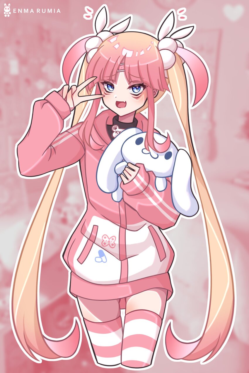 1girl :d absurdres animal_print arm_up artist_name bags_under_eyes bandaid bandaid_on_face bandaid_on_forehead black_shirt blonde_hair blue_eyes blunt_bangs blurry blurry_background butterfly_print cinnamoroll commentary cowboy_shot cropped_legs english_commentary enma_rumia fang fuwa_fuwa_cinnamoroll gradient_hair hand_up highres holding holding_stuffed_toy hood hood_down horizontal-striped_thighhighs indie_virtual_youtuber jacket kyoresu long_hair long_sidelocks looking_at_viewer multicolored_hair open_mouth outline parted_bangs pill_print pink_background pink_hair pink_hood pink_jacket pink_theme pink_thighhighs pocket pom_pom_(clothes) sanrio shirt sidelocks signature skin_fang smile solo standing straight_hair striped_clothes striped_jacket stuffed_animal stuffed_toy thighhighs tsurime twintails two-tone_hair two-tone_thighhighs v v_over_eye very_long_hair virtual_youtuber white_outline white_thighhighs zettai_ryouiki