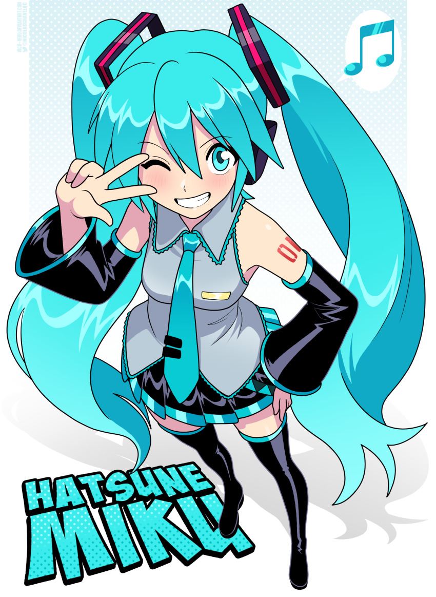 1girl absurdres aqua_eyes aqua_hair aqua_necktie bare_shoulders beamed_eighth_notes black_skirt black_sleeves boots breasts character_name collared_shirt detached_sleeves foreshortening from_above grey_shirt grin hair_between_eyes hand_on_own_hip hatsune_miku headphones headset highres light_blush long_hair looking_at_viewer medium_breasts miniskirt musical_note narrow_waist necktie nico-neko number_tattoo one_eye_closed pleated_skirt shirt shoulder_tattoo sidelocks skirt sleeveless sleeveless_shirt smile solo speech_bubble spoken_musical_note tattoo thigh_boots thighhighs twintails very_long_hair vocaloid w w_over_eye zettai_ryouiki