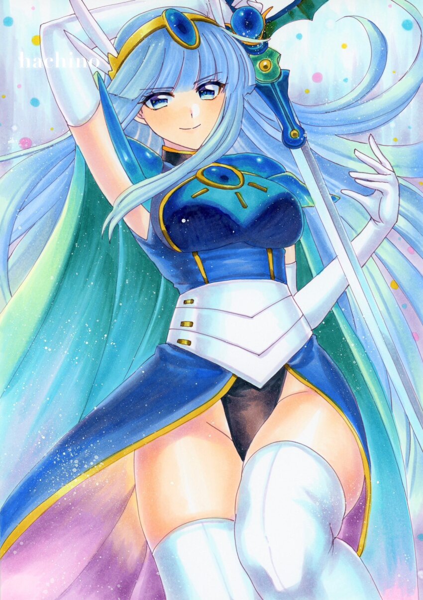1990s_(style) 1girl armor armored_dress blue_eyes blue_hair blue_skirt clamp_(circle)_(style) dress hachi78b highres long_hair magic_knight_rayearth rapier retro_artstyle ryuuzaki_umi skirt smile sword weapon
