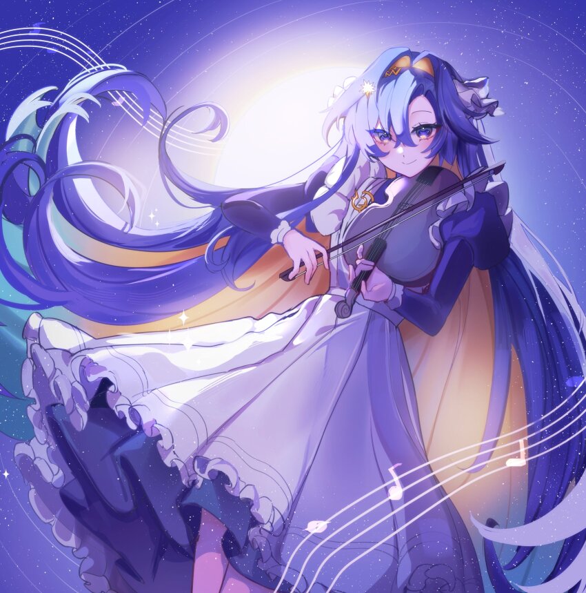 1girl apron black_dress blue_background blue_eyes blue_hair bow_(music) colored_inner_hair cowboy_shot dress eighth_note evuu floating_hair frilled_apron frills hair_intakes hands_up highres holding holding_bow_(music) holding_instrument holding_violin instrument juliet_sleeves long_dress long_hair long_sleeves looking_at_viewer multicolored_hair music musical_note musical_staff playing_instrument puffy_sleeves quarter_note reverse:1999 smile solo very_long_hair violin voyager_(reverse:1999) white_apron