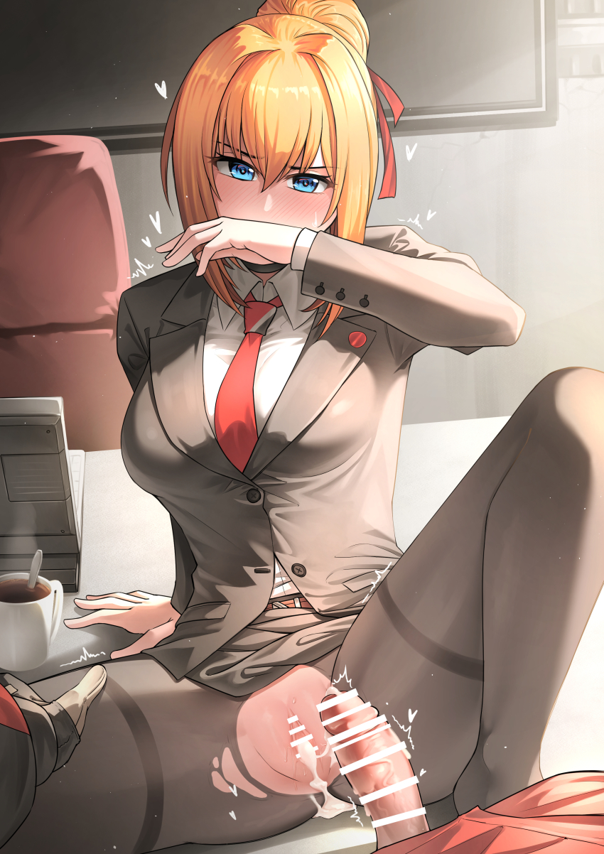 1boy 1girl absurdres after_vaginal aftersex black_pantyhose black_skirt black_suit blue_eyes breasts collared_shirt commander_(girls&#039;_frontline) cum cum_in_pussy cumdrip erection formal_clothes girls&#039;_frontline girls&#039;_frontline_2:_exilium hair_between_eyes hair_bun hair_intakes hair_ribbon highres kalina_(girls&#039;_frontline) large_breasts long_sleeves miniskirt necktie orange_hair pantyhose pencil_skirt penis pov red_necktie red_ribbon ribbon senpaihawkkun shirt skirt skirt_suit solo_focus suit thighband_pantyhose torn_clothes torn_pantyhose white_shirt