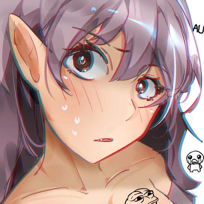 1girl absurdres ayou_(aukuamani) breast_tattoo elf highres long_hair looking_at_viewer original pepe_the_frog pointy_ears portrait purple_hair solo_focus tattoo the_binding_of_isaac
